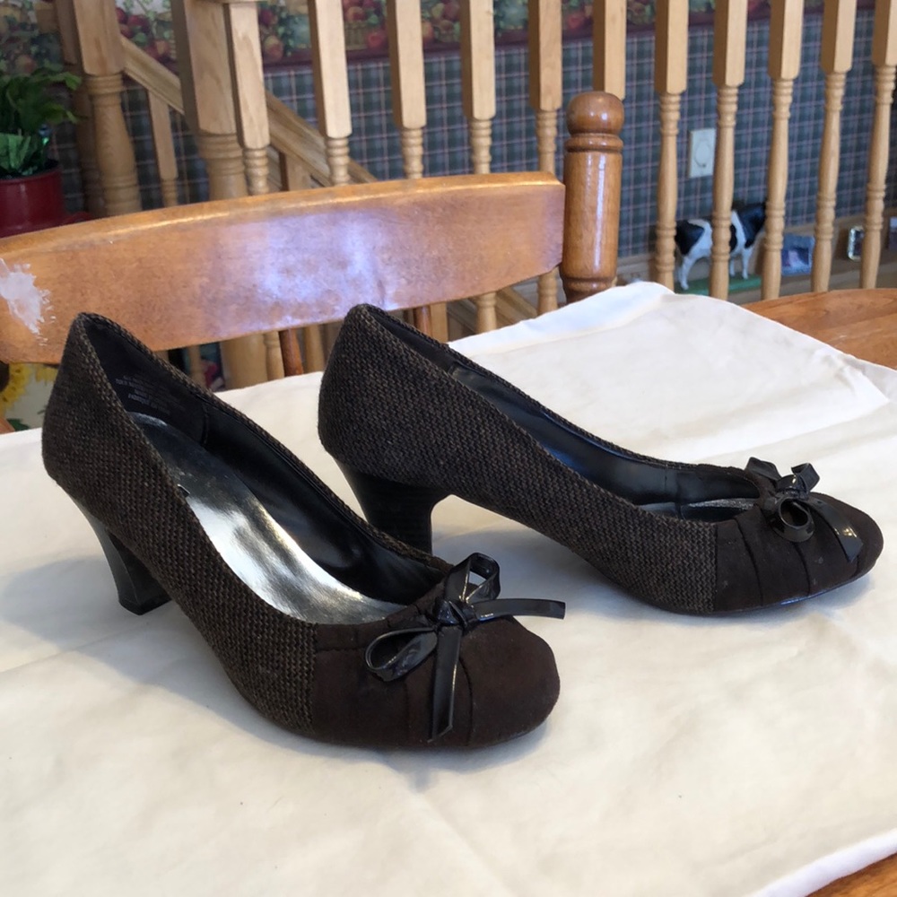 Alia brown fabric 2 inch heels.